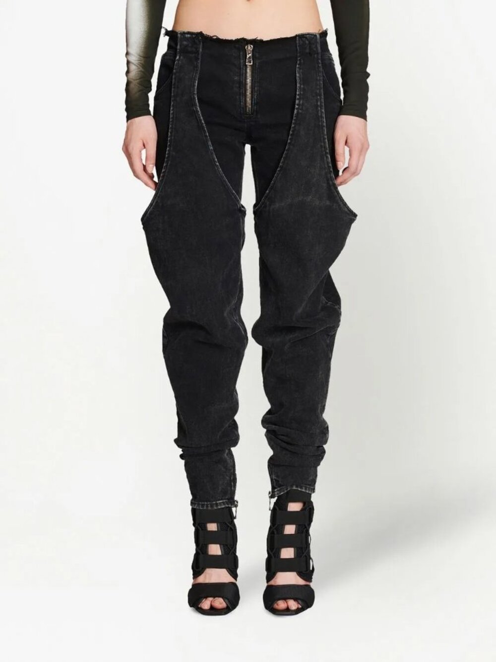 Balmain Low Rise Tapered Cutout Jeans Washed Black Size FR 34 US 2 NEW NWT